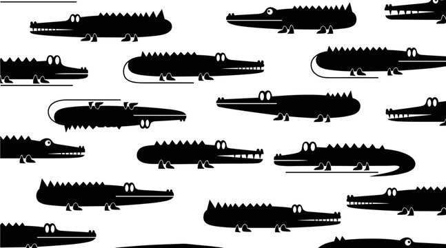 Cartoon crocodile figures in repeating pattern on white, no seamless