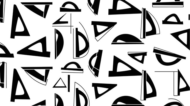 Geometric triangle and semicircle shapes scattered on white, no seamless
