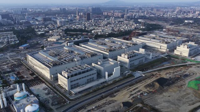 Aerial drone video of microchip manufacturing factory in Taiwan