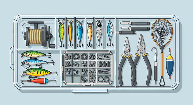 Organized Fishing Tackle Box with Lures, Tools, and Accessories.