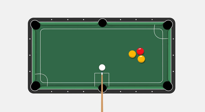 Overhead view of a green pool table with balls and cue stick.