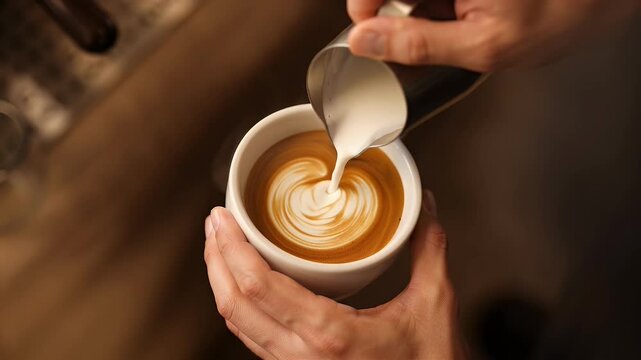 Barista pouring latte art in coffee cup, professional espresso preparation with steamed milk, warm cafe atmosphere and artisan beverage craft