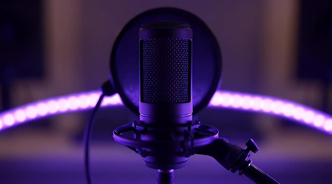 Professional studio microphone with pop filter, purple neon ring light background, podcasting and vocal recording equipment in dark music studio