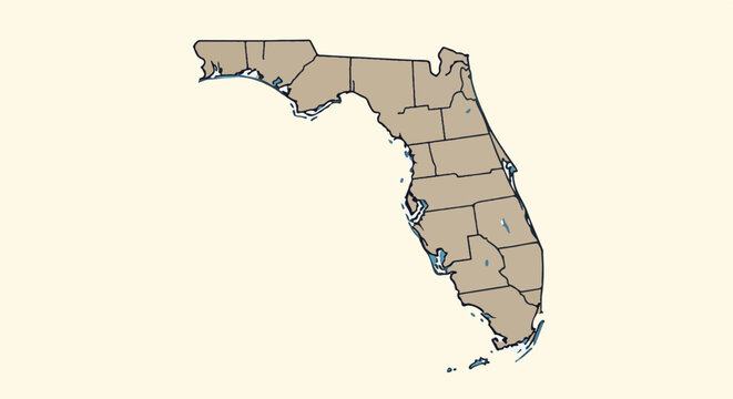 Stylized map of Florida with internal county lines and coastal water