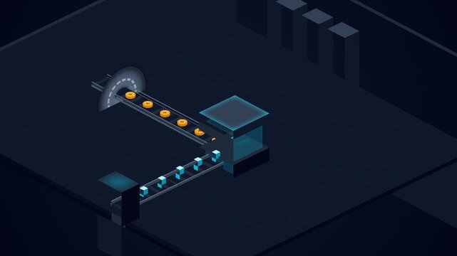 Industrial conveyor belt with glowing lights.