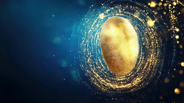 Golden fingerprint on dark blue background. Personal identification and biometric authentication technology, cyber security for digital protection, futuristic design