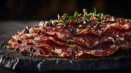 Obraz premium Gourmet Cured Meat Platter with Peppercorns and Herbs