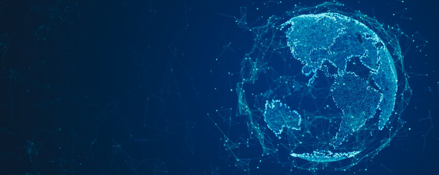 Digital globe visualization highlighting North and South America with glowing data points and network lines, symbolizing global connectivity, communication systems. 3D rendering.