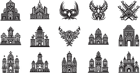 Obraz premium Medieval Castle Architecture and Fantasy Symbols Illustration