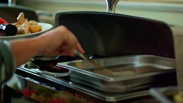 Guest serving food at a buffet with fresh meat and hot dishes in a self service catering setup. Close-up hospitality footage for hotel dining, restaurant service and dinner or lunch concepts.