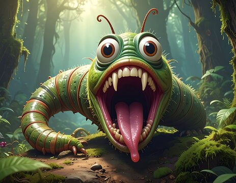 A green caterpillar-like creature with a wide open mouth and large eyes in a forest