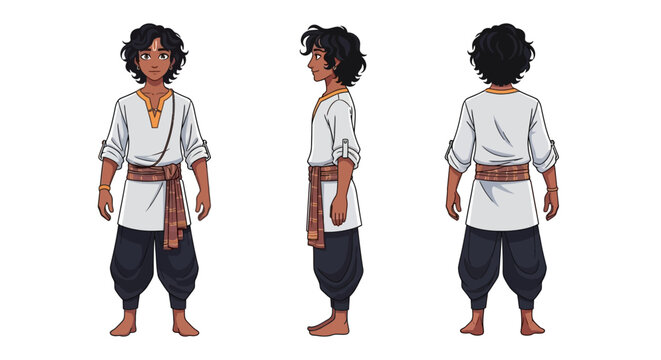 Character turnaround of a young boy with curly hair in traditional style clothing.