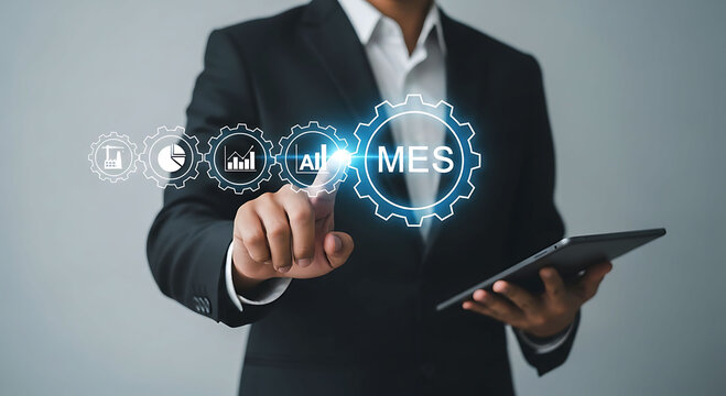 Businessman using MES manufacturing execution system with AI technology and icons