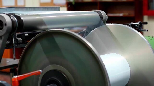 Close up of industrial machinery with a rotating drum and rollers in a factory setting. Technical footage showing mechanical process equipment used in manufacturing or material handling.