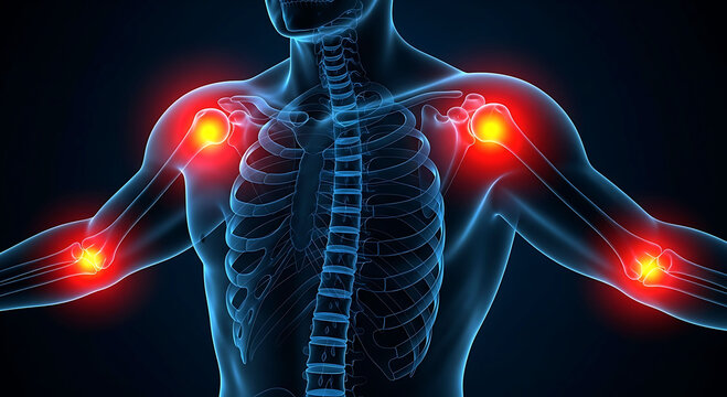 Human skeleton showing joint pain in shoulders and elbows with red highlights