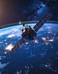 Fototapeta na wymiar Space satellite orbiting a glowing Earth and starry sky