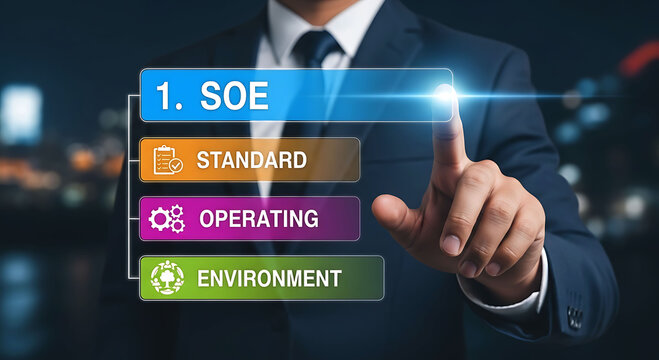 Businessman pointing to SOE Standard Operating Environment digital virtual screen