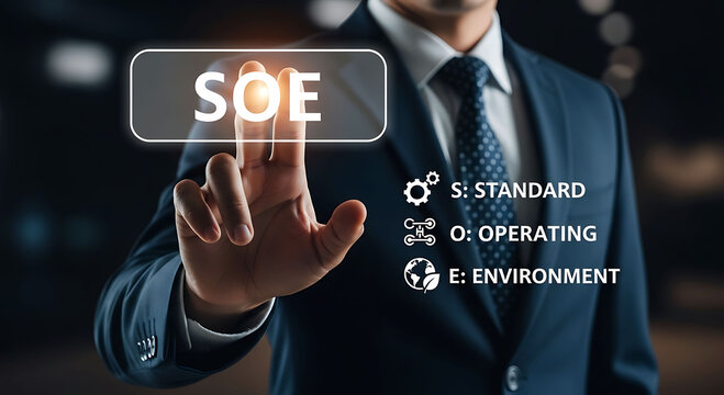 Businessman touching SOE Standard Operating Environment button on virtual screen