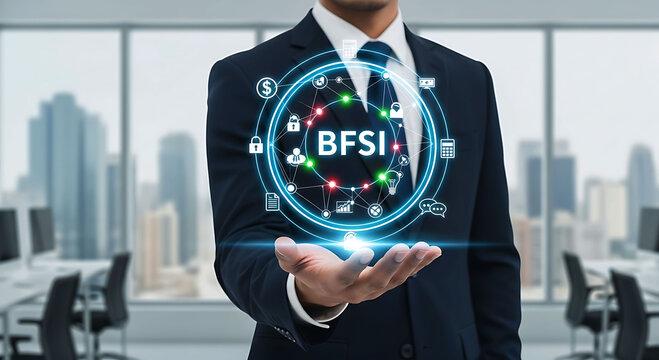 Businessman holding BFSI glowing digital interface with financial and banking icons
