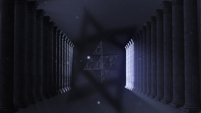 Merkaba shines within a mystical landscape where shadows of ancient civilizations embrace the spectral identity and resilient vision of modern Israel.