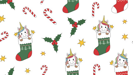 Fototapeta premium Magical Christmas pattern includes cute unicorns in stockings, candy canes, holly leaves, and golden stars for a whimsical holiday theme.