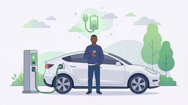 African American Man Taking Coffee Break while Electric Car Charging at Station, Green Energy Lifestyle, Sustainable Mobility, Eco Transport Animation, Flat Illustration