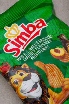 Simba Mrs H S Ball's chutney flavoured potato chips packet on neutral background. Johannesburg, South Africa - April 20, 2026