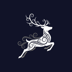 Fototapeta premium Elegant jumping reindeer silhouette with swirling floral patterns