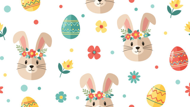 Cute Easter seamless pattern with rabbit faces wearing flower crowns, decorated eggs, and spring blossoms on a clean white background.