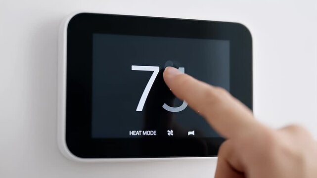 Smart thermostat digital display showing 75 degrees in heat mode, finger touching touchscreen interface, modern home climate control system