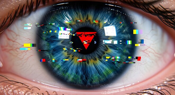 A close up view of a human eye with a digital glitch effect and a red triangle in the center pupil