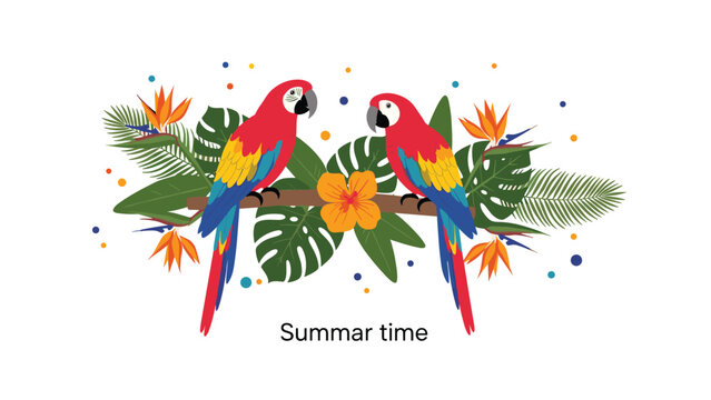 Tropical illustration with two colorful macaw parrots perched on a branch surrounded by exotic flowers and lush green palm leaves.