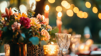 Fototapeta premium Elegant table setting with floral centerpiece and candles