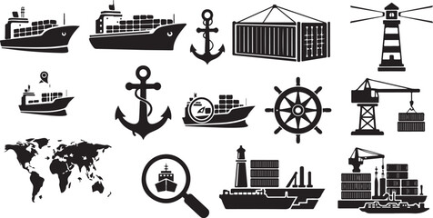 Naklejka premium Maritime Shipping Icons and Logistics Symbols Set