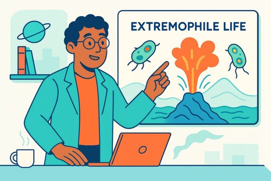 Scientist explaining extremophile life with volcano and bacteria illustrations in educational setting, abstract style, light background. Ai generative