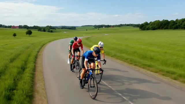 Professional road cyclists racing on countryside asphalt road, group of competitive athletes cycling through green hills, high speed bicycle race