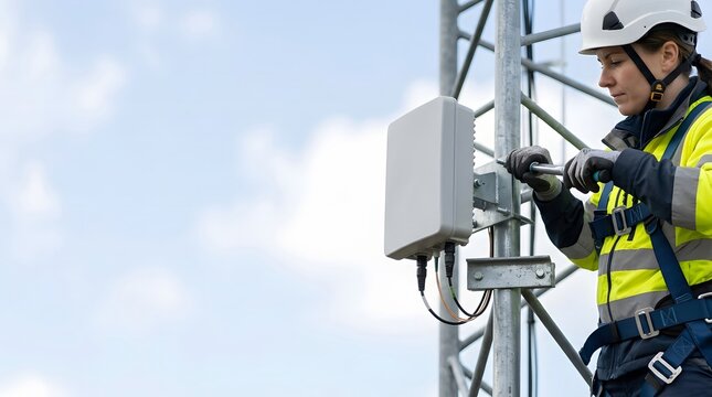 Woman technician installing telecommunication equipment on cellular tower. Engineer repairing mobile base station antenna. Industrial maintenance work, wireless technology and network infrastructure.