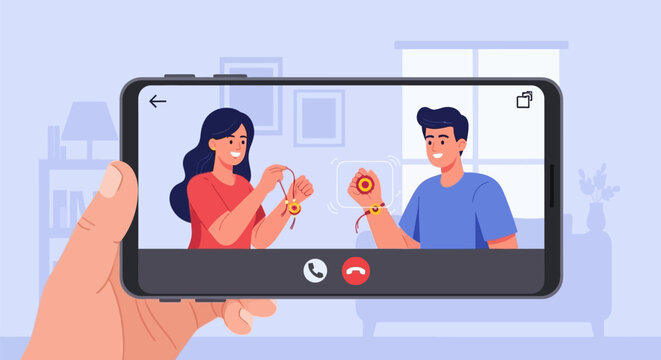 A hand holding a smartphone showing a video call between a man and a woman celebrating Raksha Bandhan.