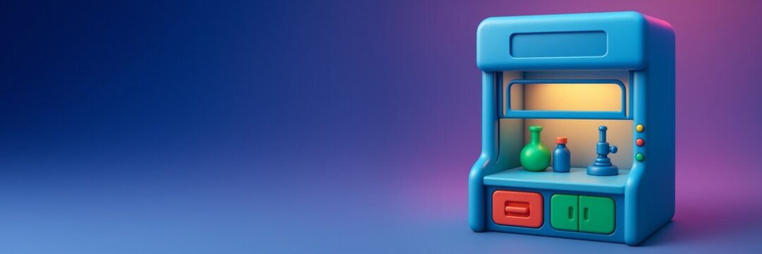 Colorful cartoon-style laboratory workstation with flasks and microscope on blue to purple gradient background, perfect for creative copyspace use. Ai generative