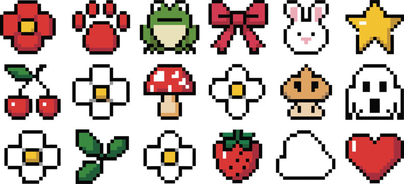 Set of cute pixel art vector icons including flower frog bunny star cherry mushroom heart and ghost for retro gaming stickers