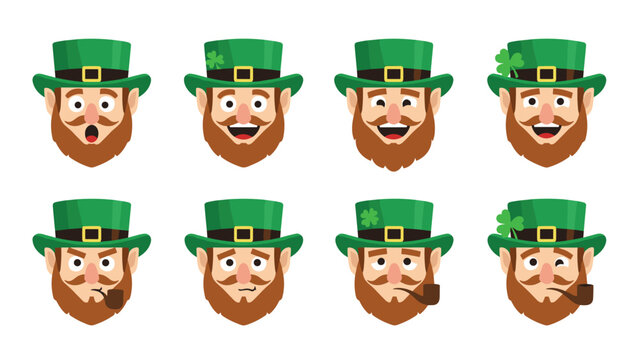 Collection of leprechaun character faces with different emotional expressions and green hats for Saint Patricks Day.