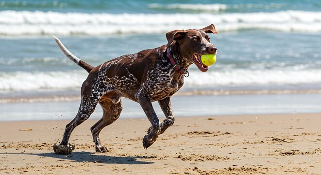 German Shorthaired Pointer Running on Sandy Beach with Yellow Tennis Ball in Mouth