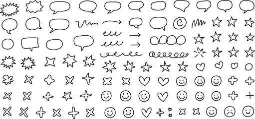 Large collection of hand drawn doodle vector elements including speech bubbles hearts stars and smiley faces for bullet journal decoration © Md