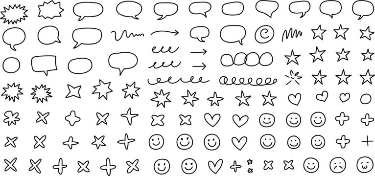 Large collection of hand drawn doodle vector elements including speech bubbles hearts stars and smiley faces for bullet journal decoration