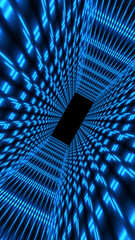 Fototapeta premium Futuristic blue digital tunnel with repeating neon symbols and deep perspective, cyberspace data corridor background