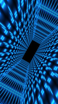 Futuristic blue digital tunnel with repeating neon symbols and deep perspective, cyberspace data corridor background