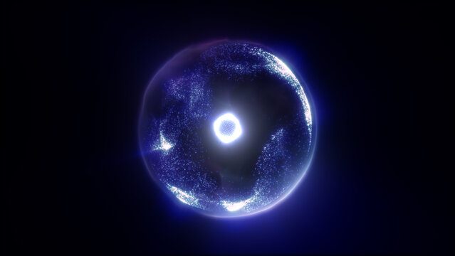 Glowing blue transparent energy sphere with a bright white core and sparkling particles, abstract futuristic cosmic technology background
