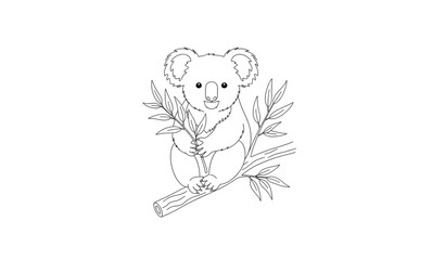 Koala on branch with eucalyptus outline line art cute animal vector illustration © MstAnisa