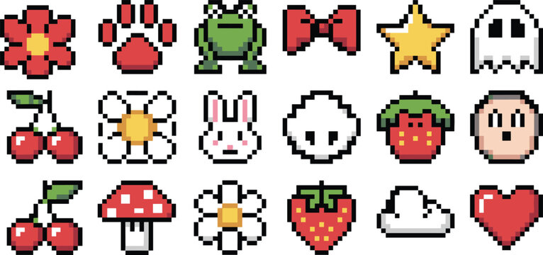 Set of cute pixel art vector icons including flower frog bunny star cherry mushroom heart and ghost for retro gaming stickers