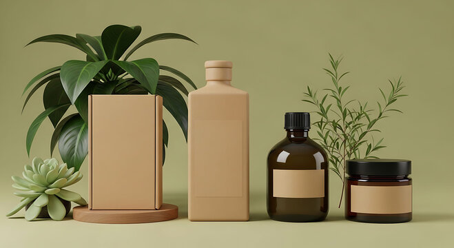 Minimalist cosmetic packaging mockup with blank brown bottles and green plants